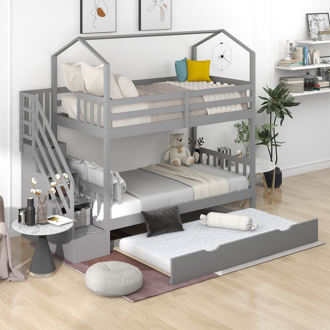 Gray Twin Over Twin Playhouse Bunk Bed with Trundle and Staircase