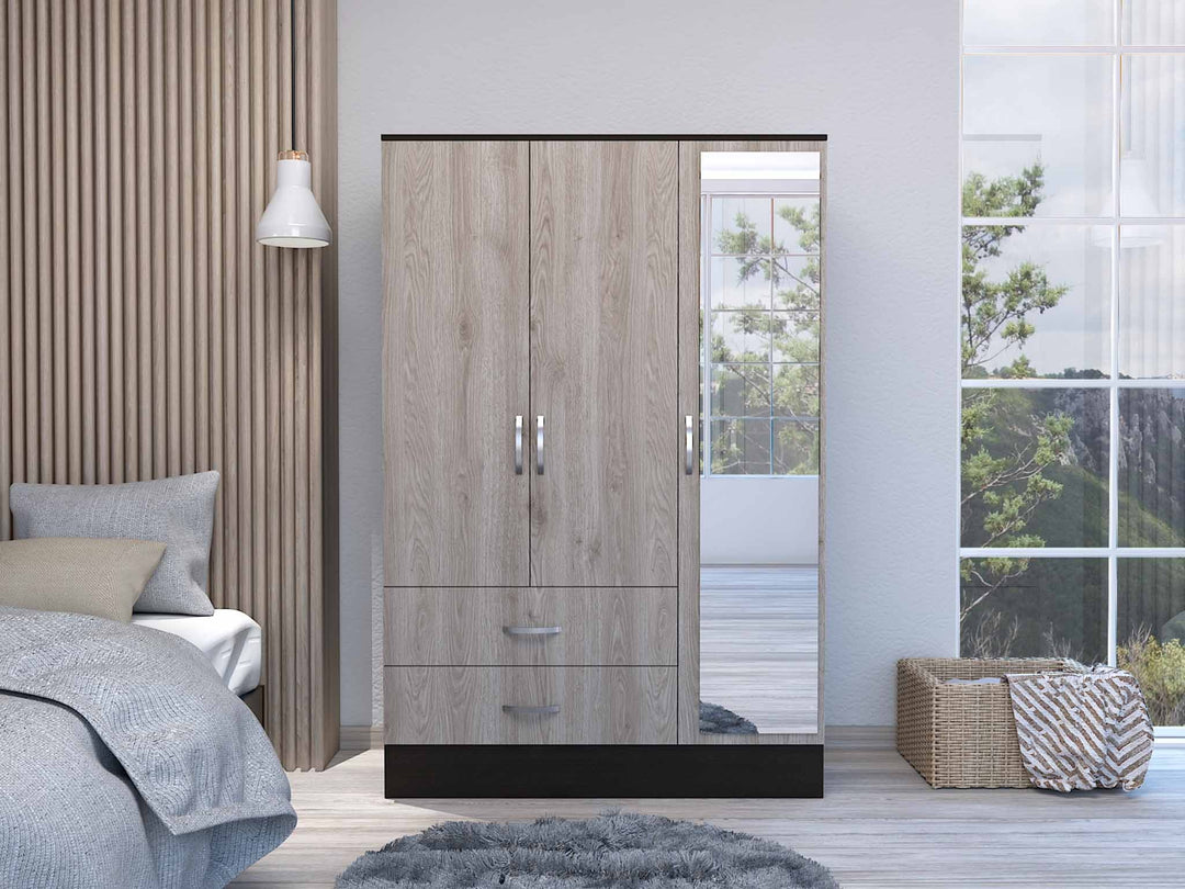 Light Oak and Black Three Door Wardrobe Closet with Mirror