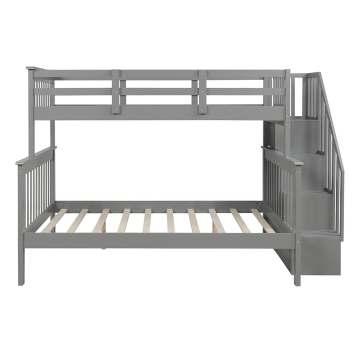 Gray Twin Over Full Contemporary Bunk Bed With Stairs And Shelves