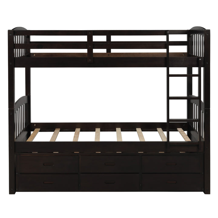 Twin over Twin Wood Bunk Bed Trundle Drawers Espresso