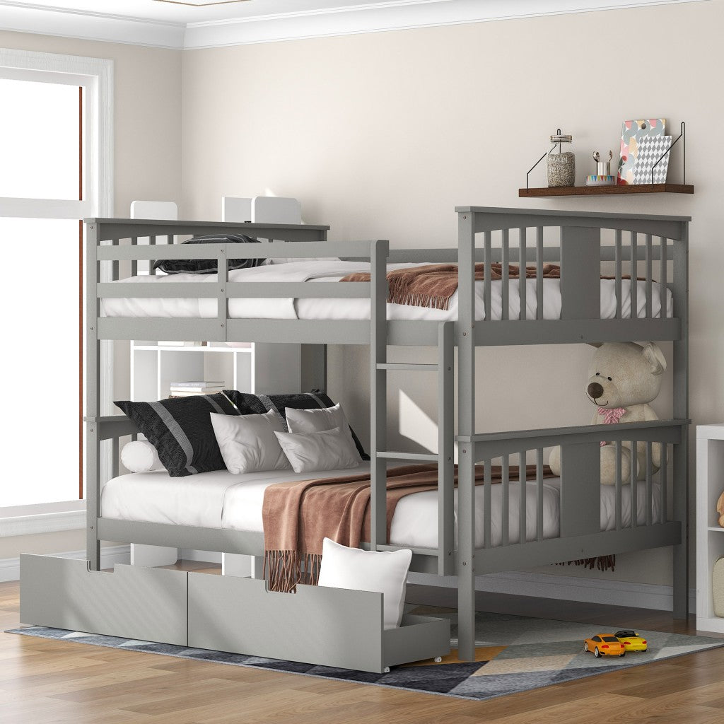 Modern Gray Full Over Full Bunk Bed with Two Drawers