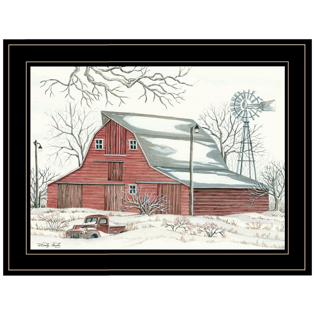 Winter Barn With Pickup Truck 2 Black Framed Print Wall Art