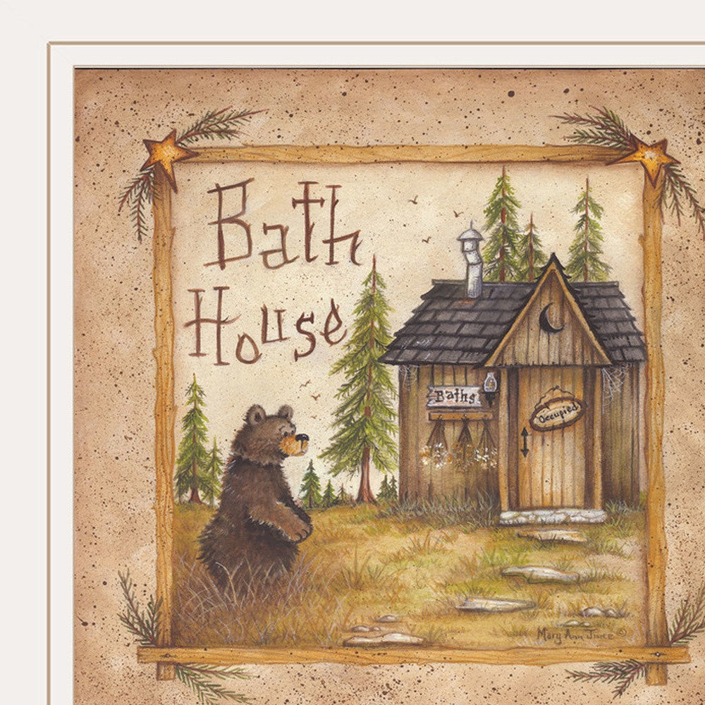 Bath House and Bear White Framed Print Bathroom Wall Art