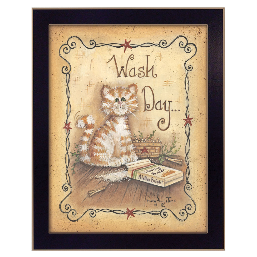 Wash Day Kitty Cat Black Framed Laundry Room Wall Art