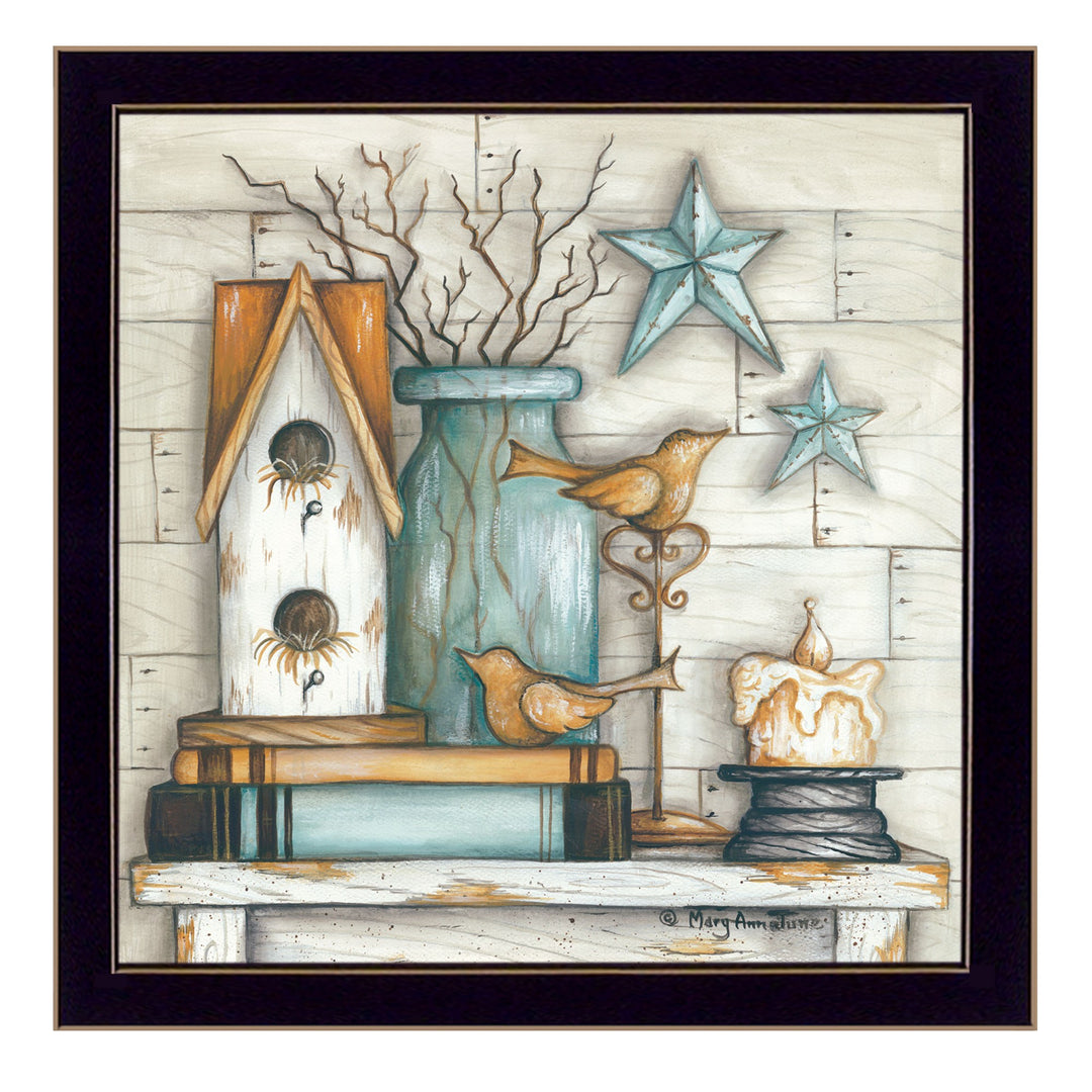 Birdhouse On Books 1 Black Framed Print Wall Art