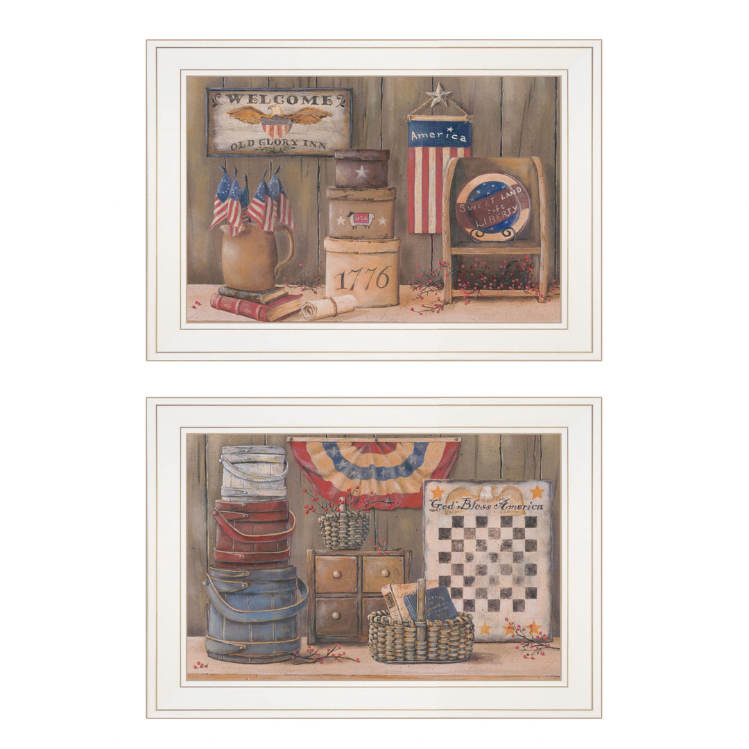 Set Of Two God Bless Or Sweet Land 1 White Framed Print Wall Art