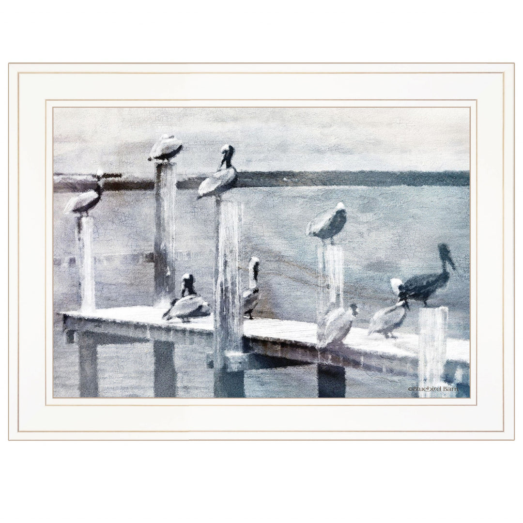 Birds On A Pier 2 White Framed Print Wall Art