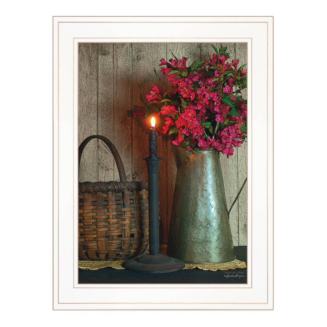 Basket &amp; Blossoms White Framed Print Wall Art