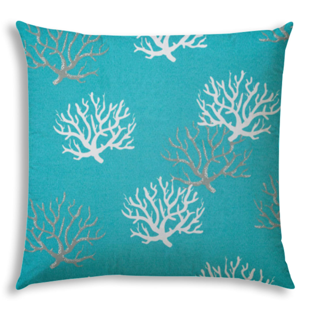 20" X 20" Aqua And White Corals Blown Seam Coastal Throw Indoor Outdoor Pillow