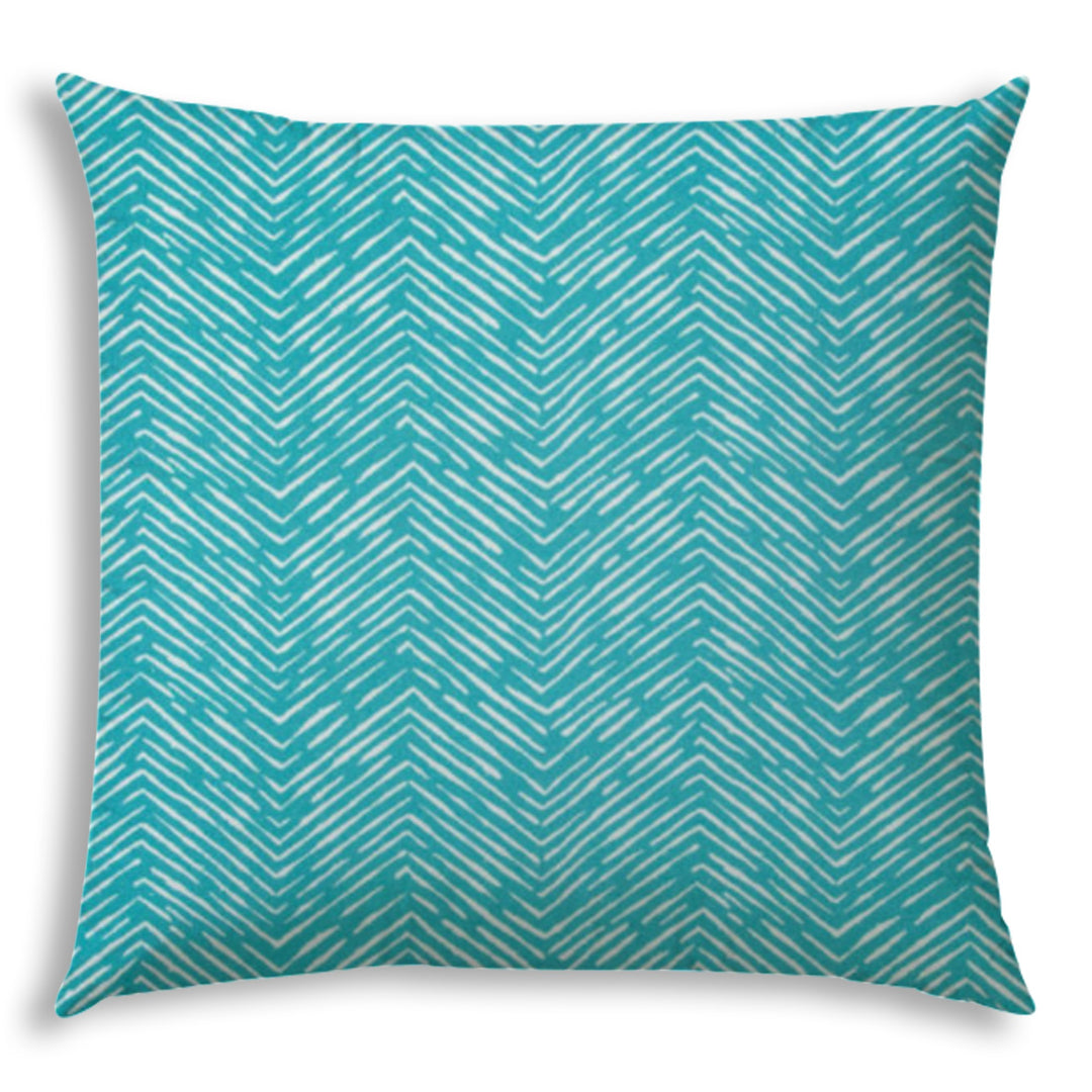 20" X 20" Turquoise And White Blown Seam Chevron Throw Indoor Outdoor Pillow