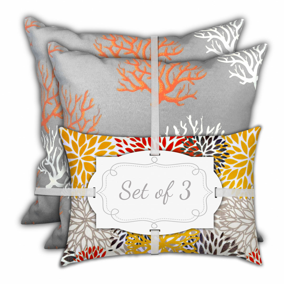 Set Of Three 18" X 18" Gray And White Corals Blown Seam Nautical Throw Indoor Outdoor Pillow