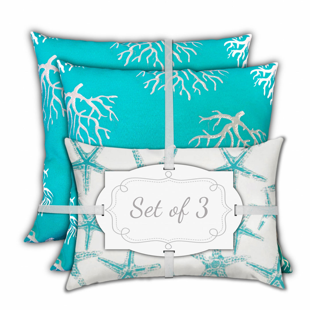 Set Of Three 18" X 18" Ocean Blue And White Corals Blown Seam Coastal Throw Indoor Outdoor Pillow