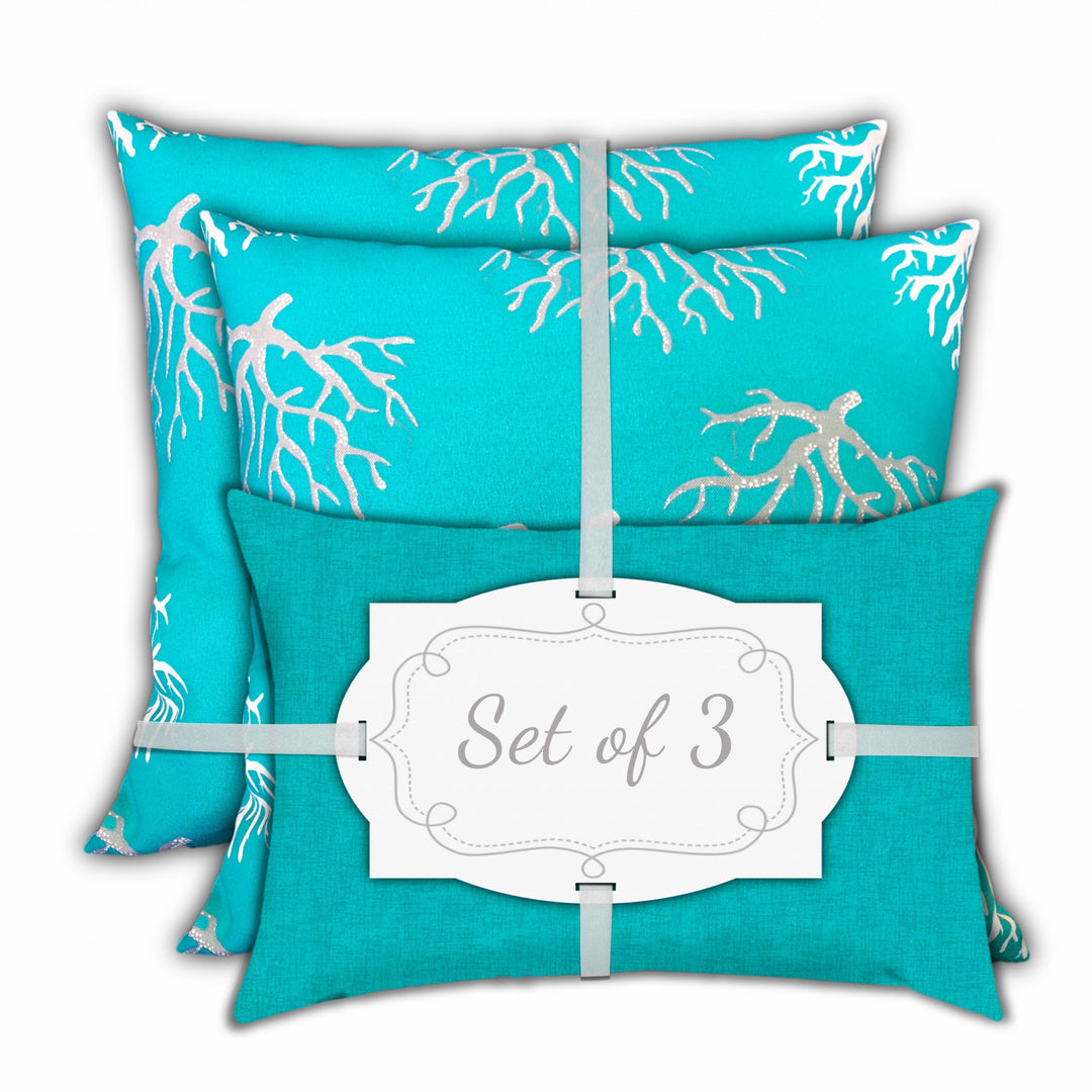 Set Of Three 18" X 18" Ocean Blue And White Corals Blown Seam Coastal Throw Indoor Outdoor Pillow