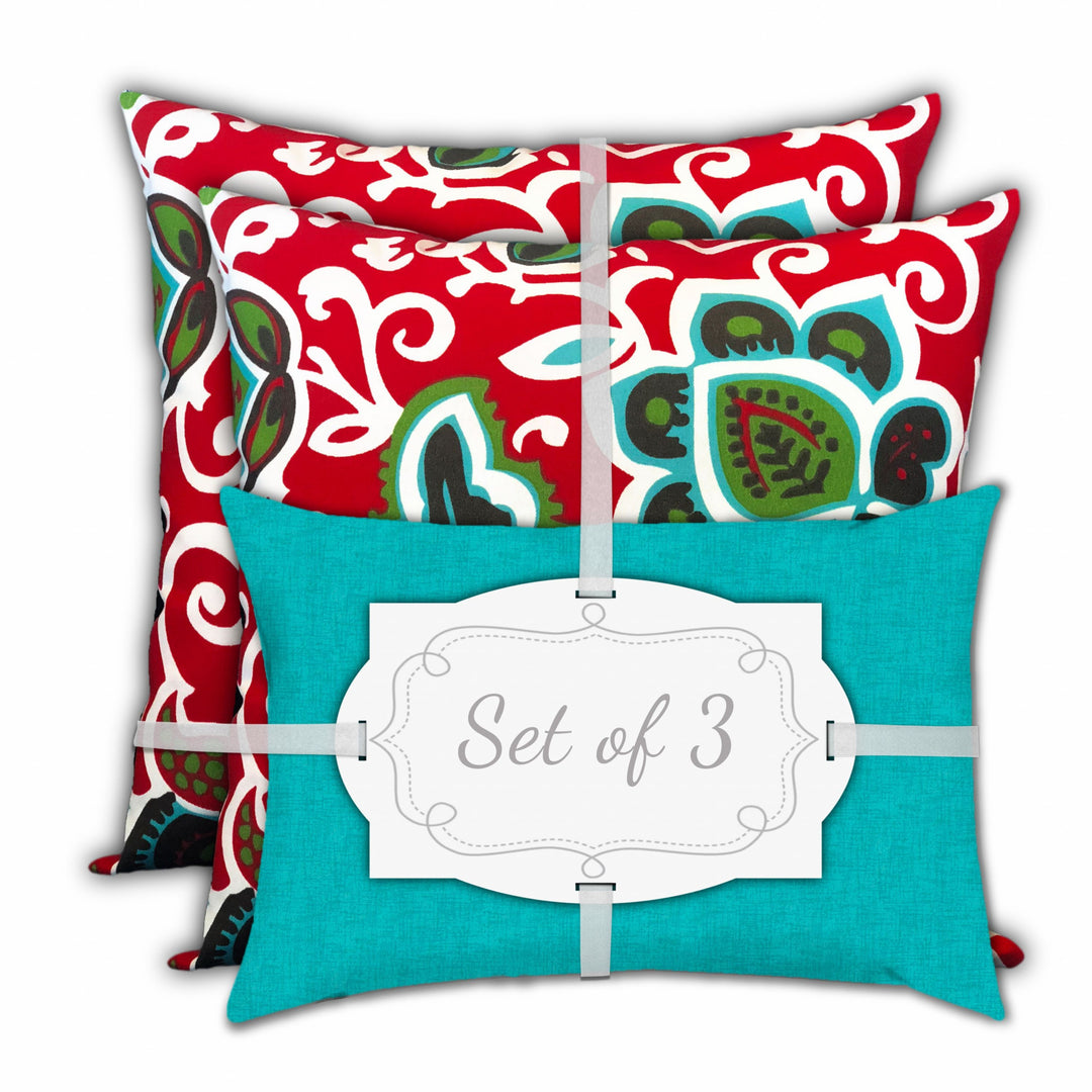 Set Of Three 18" X 18" Turquoise And Green Blown Seam Floral Throw Indoor Outdoor Pillow