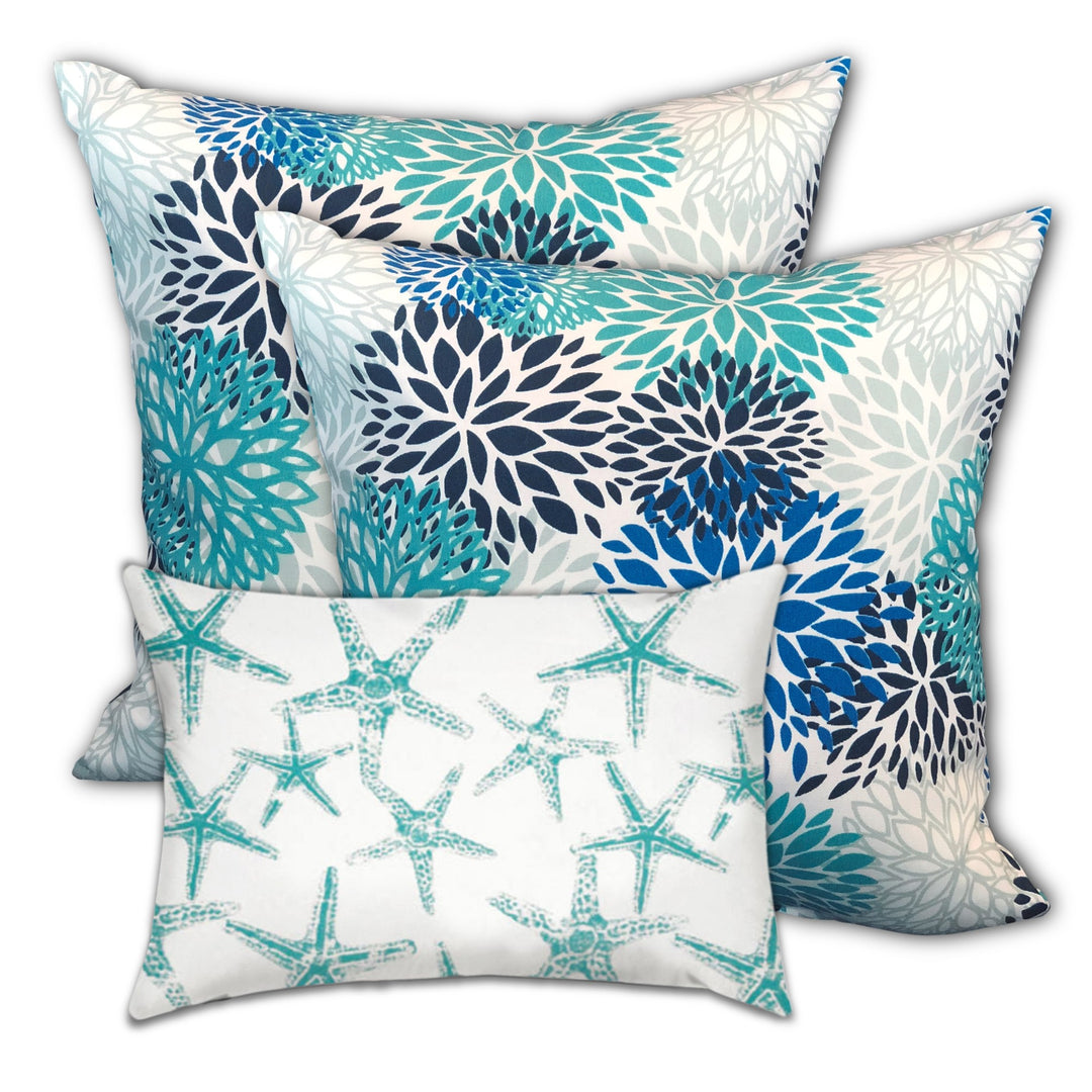 Set Of Three 18" X 18" Blue And White Blown Seam Floral Throw Indoor Outdoor Pillow