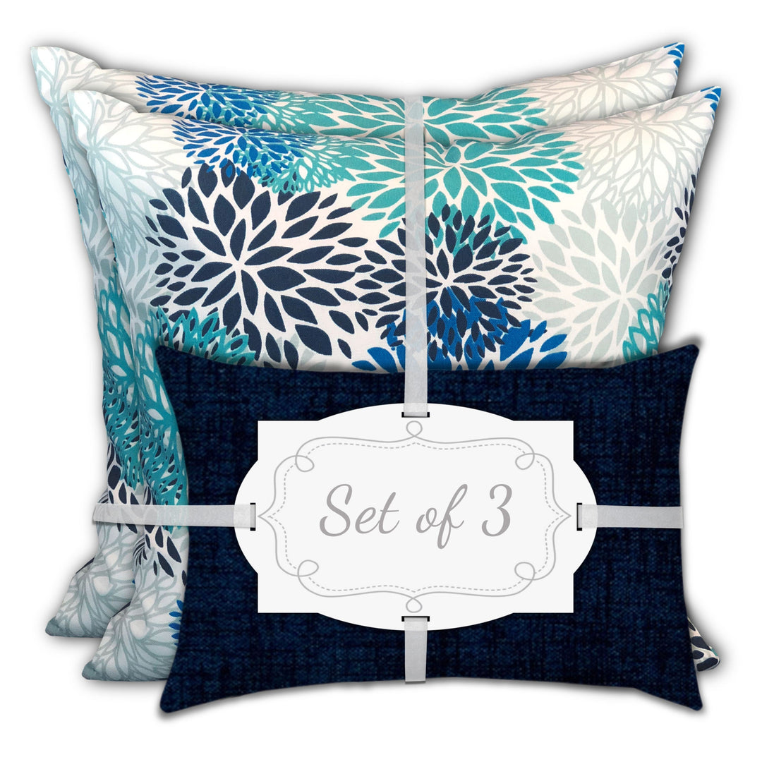 18" X 18" Blue And White Blown Seam Floral Throw Indoor Outdoor Pillow