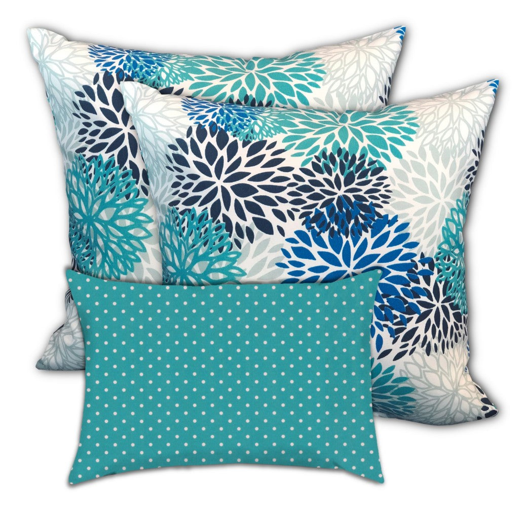 Set Of Three 18" X 18" Blue And White Blown Seam Floral Throw Indoor Outdoor Pillow