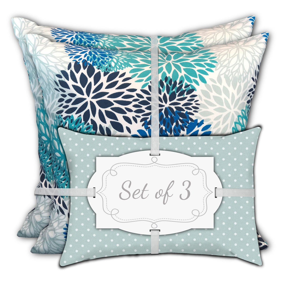 Set Of Three 18" X 18" Blue And White Blown Seam Floral Throw Indoor Outdoor Pillow