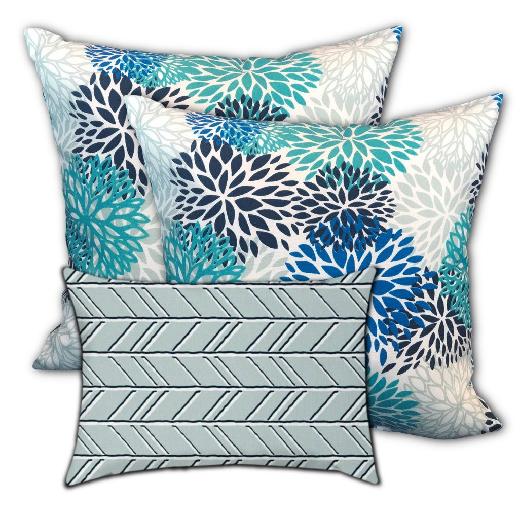 Set Of Three 18" X 18" Blue And White Blown Seam Floral Throw Indoor Outdoor Pillow