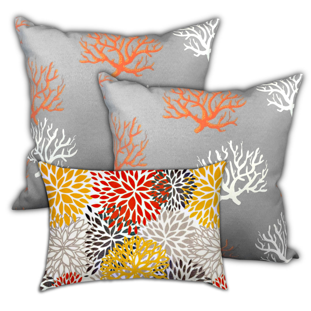 Set Of Three 18" X 18" Gray And White Corals Zippered Coastal Throw Indoor Outdoor Pillow