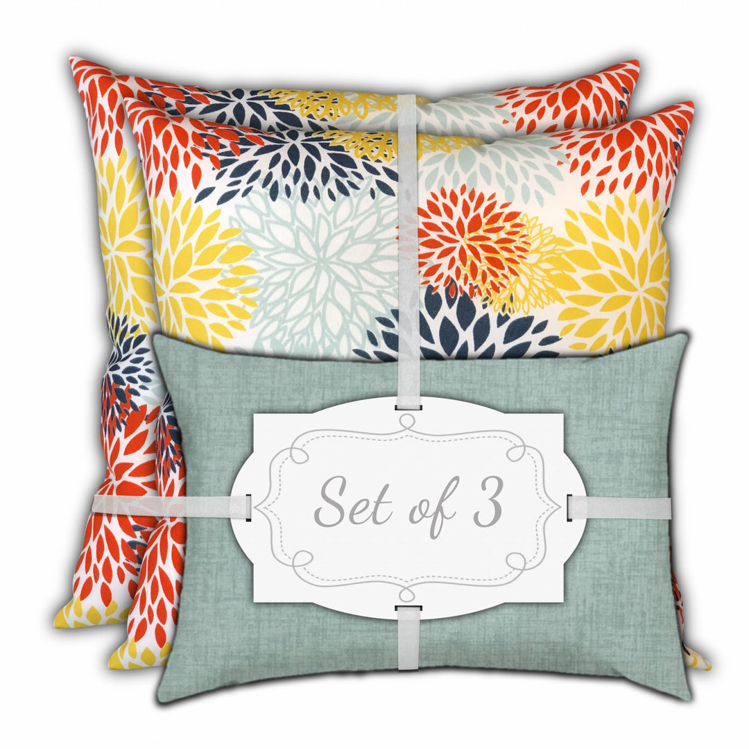 Set Of Three 18" X 18" Seafoam And White Zippered Floral Throw Indoor Outdoor Pillow