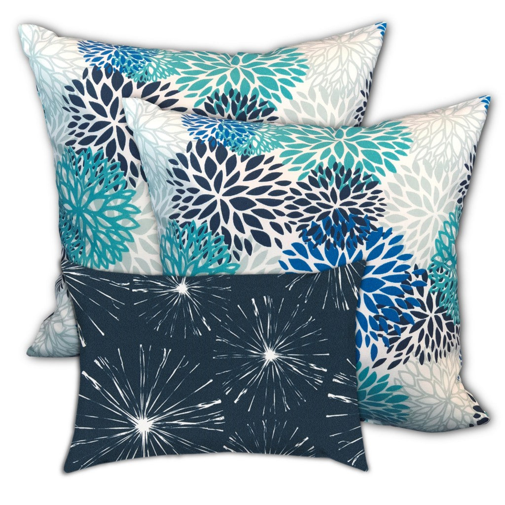 Set Of Three 18" X 18" Blue And White Zippered Floral Throw Indoor Outdoor Pillow