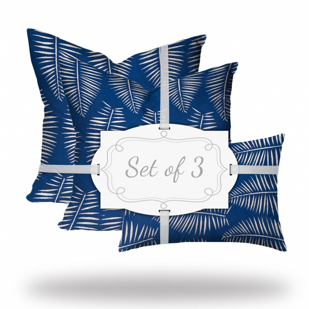 Set Of Three 20" X 20" Blue And White Zippered Coastal Throw Indoor Outdoor Pillow Cover