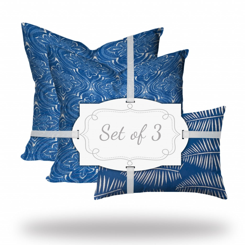 Set Of Three 20" X 20" Blue And White Blown Seam Coastal Throw Indoor Outdoor Pillow