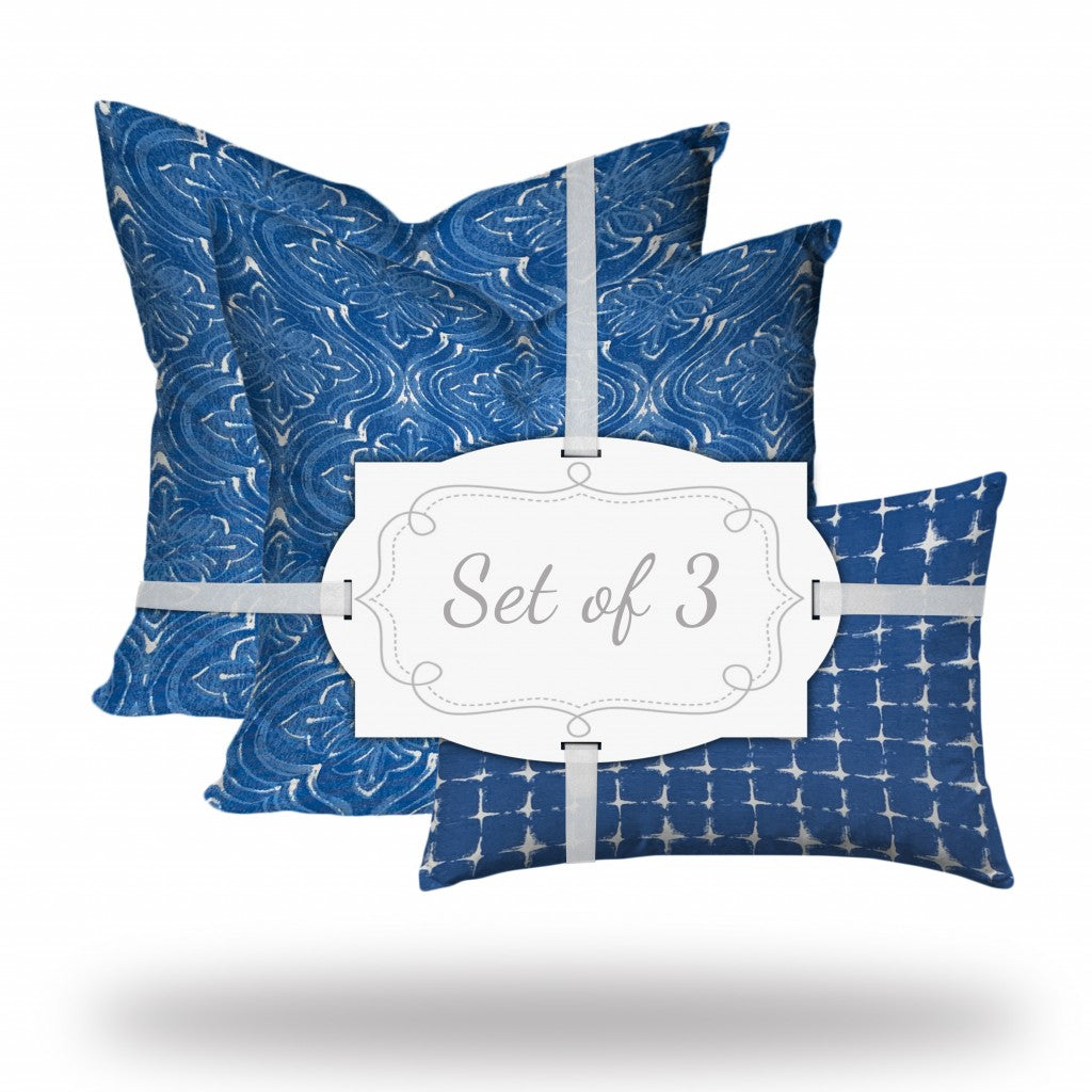 Set Of Three 20" X 20" Blue And White Zippered Coastal Throw Indoor Outdoor Pillow