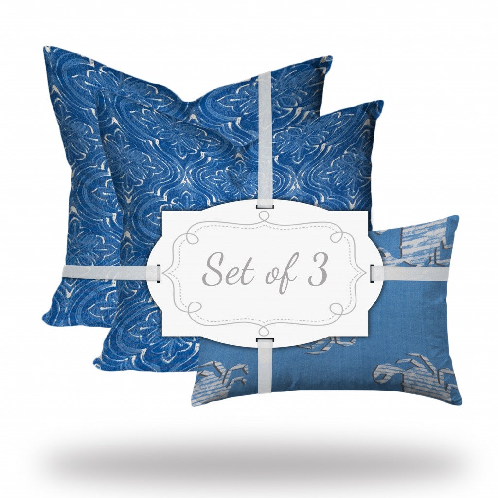 Set Of Three 20" X 20" Blue And White Zippered Coastal Throw Indoor Outdoor Pillow