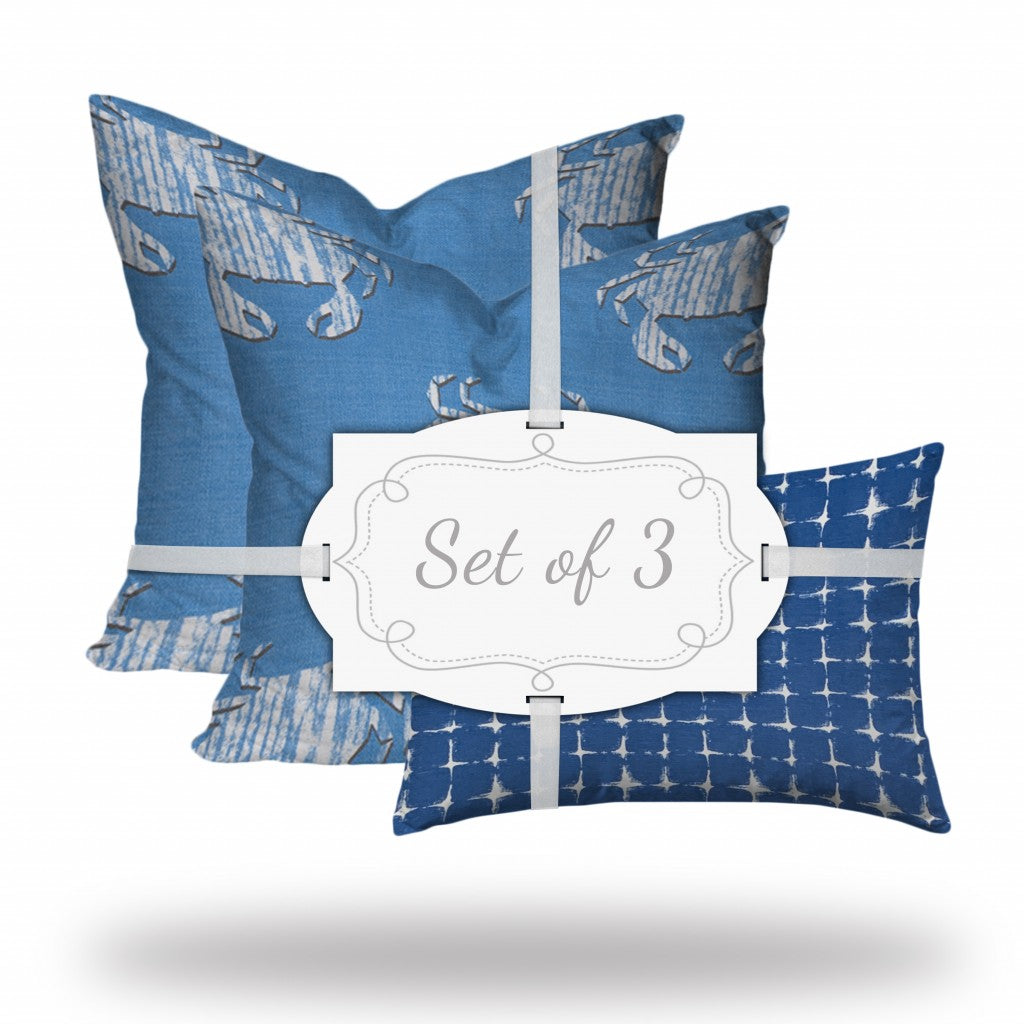 Set Of Three 20" X 20" Blue And White Crab Enveloped Coastal Throw Indoor Outdoor Pillow Cover