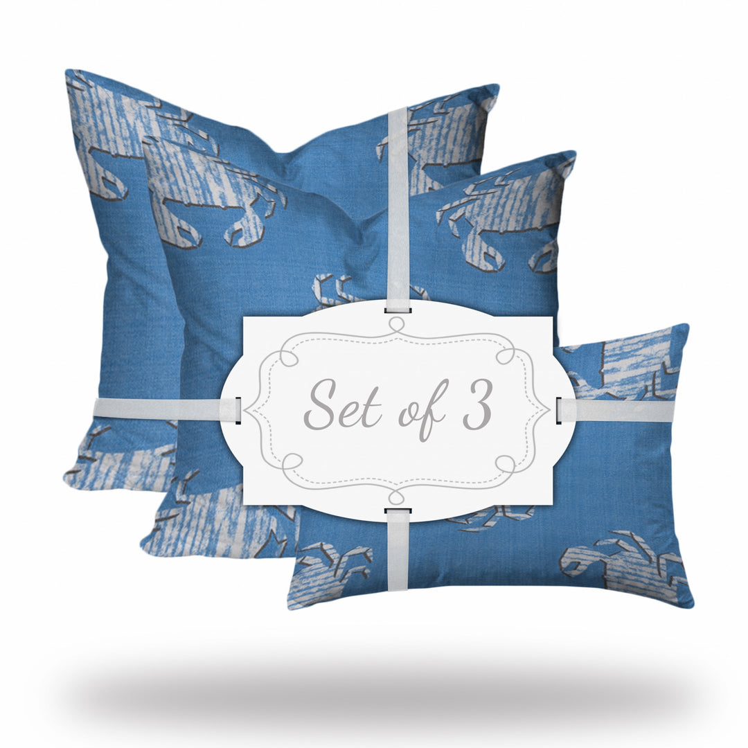 Set Of Three 20" X 20" Blue And White Crab Enveloped Coastal Throw Indoor Outdoor Pillow Cover