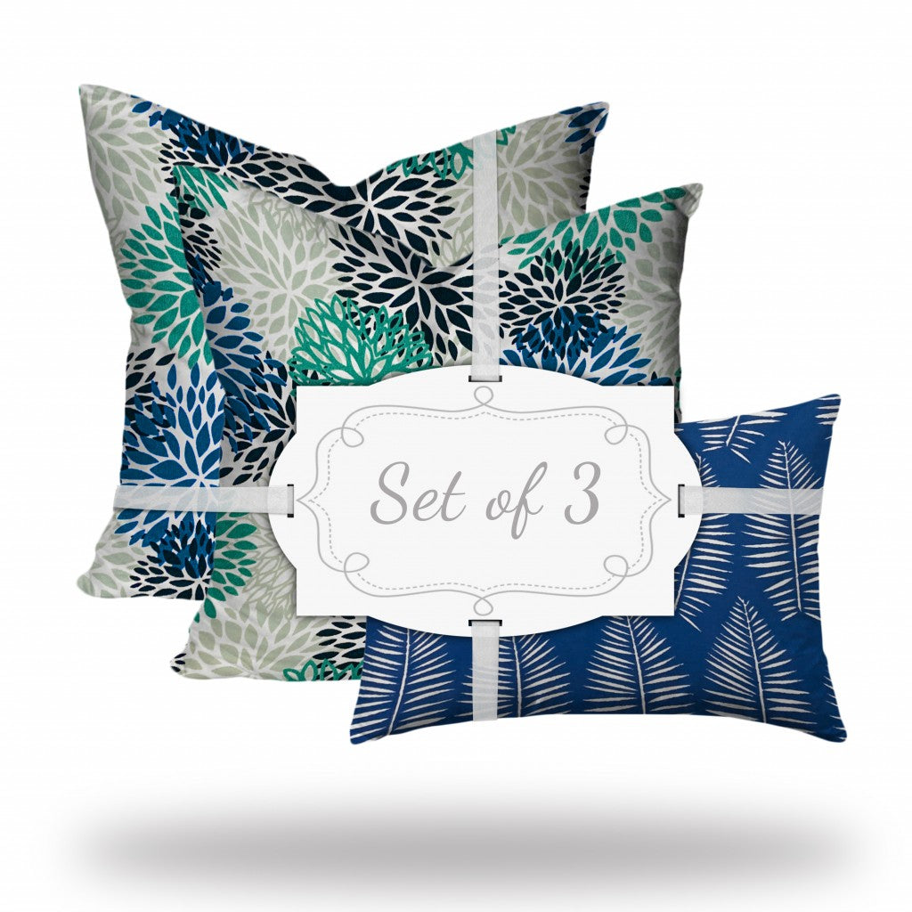 Set Of Three 20" X 20" Blue And White Zippered Floral Throw Indoor Outdoor Pillow