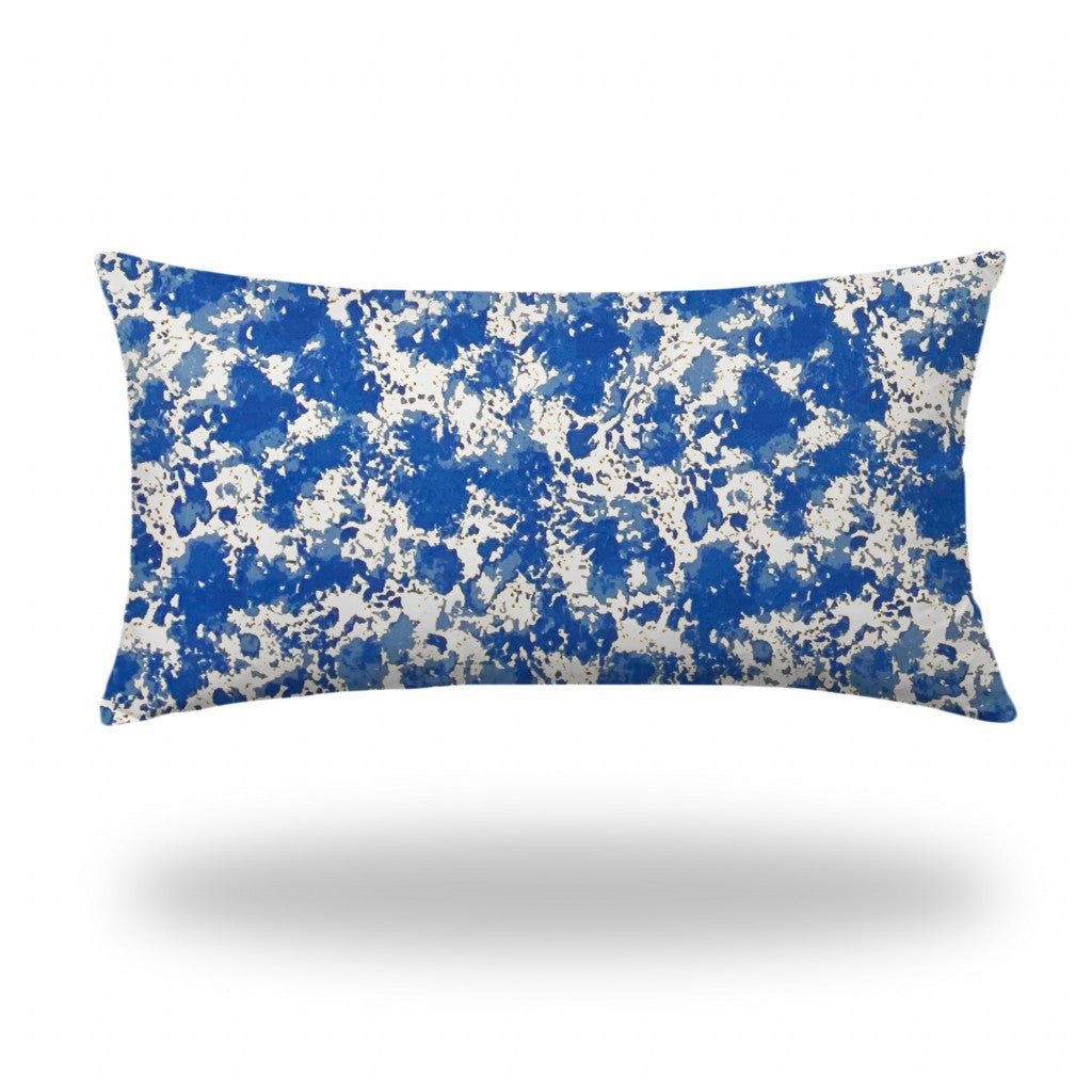 14" X 24" Blue And White Blown Seam Coastal Lumbar Indoor Outdoor Pillow