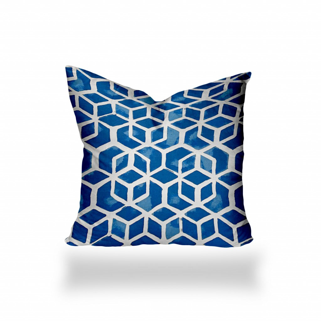 16" X 16" Blue And White Enveloped Geometric Throw Indoor Outdoor Pillow Cover