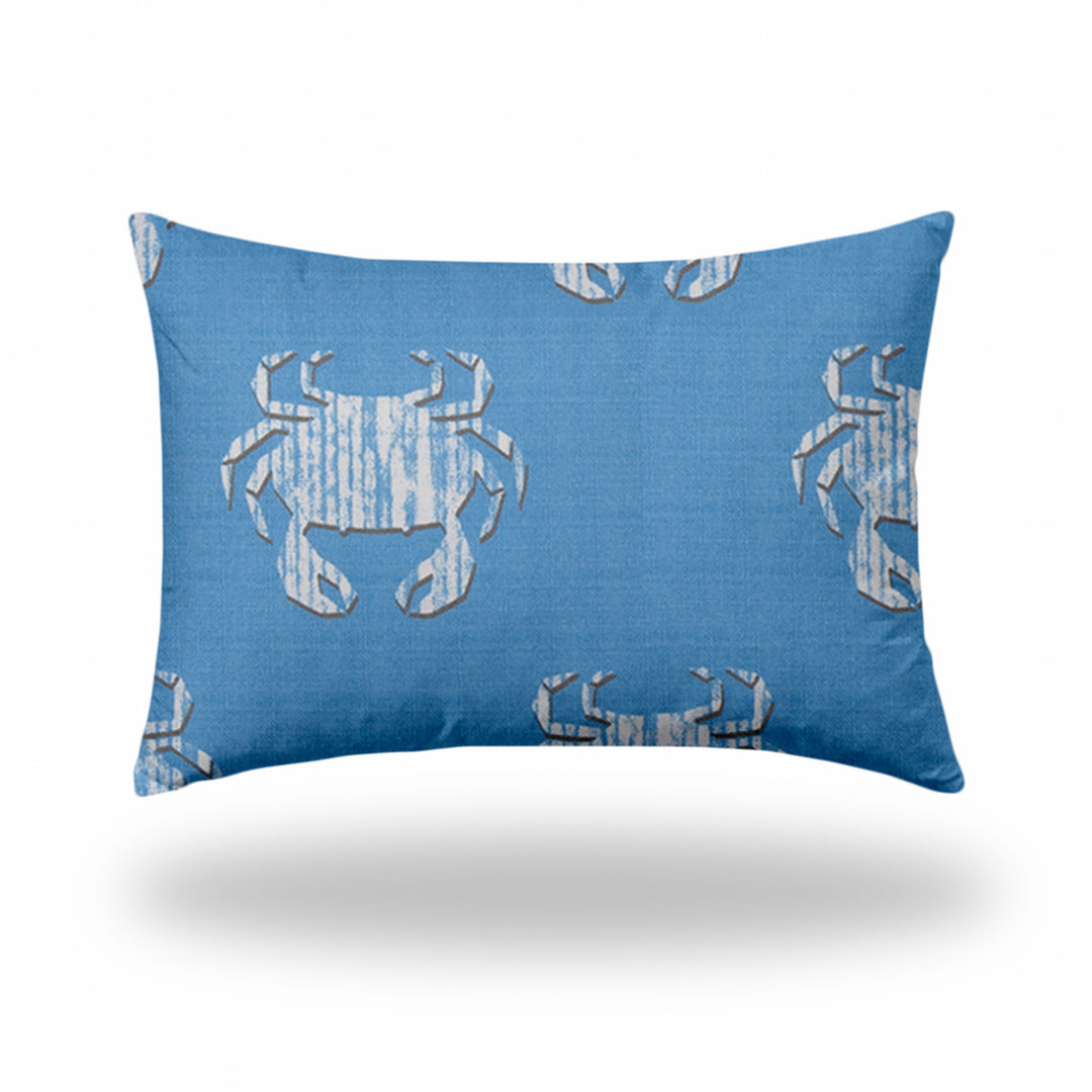 14" X 20" Blue And White Crab Enveloped Coastal Lumbar Indoor Outdoor Pillow