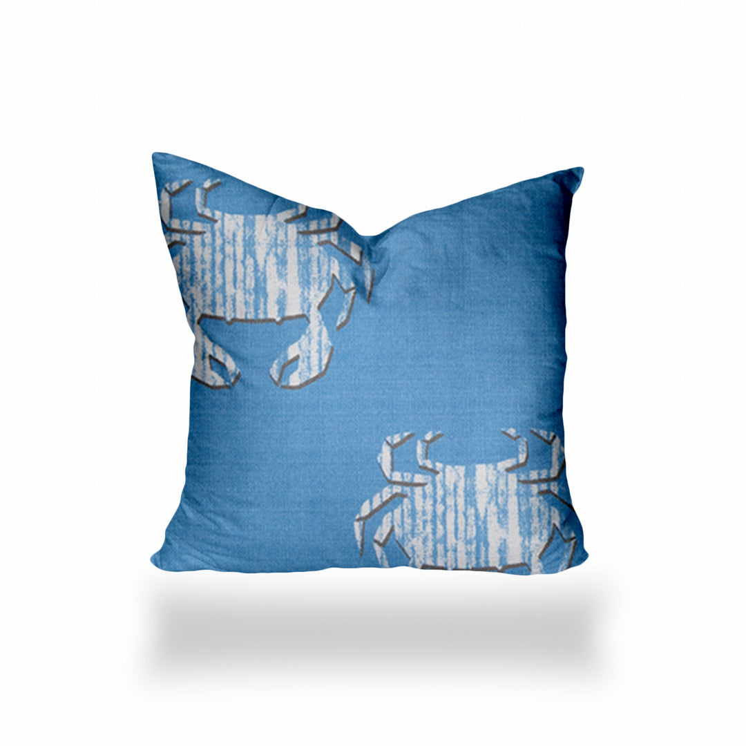 12" X 12" Blue And White Crab Blown Seam Coastal Throw Indoor Outdoor Pillow