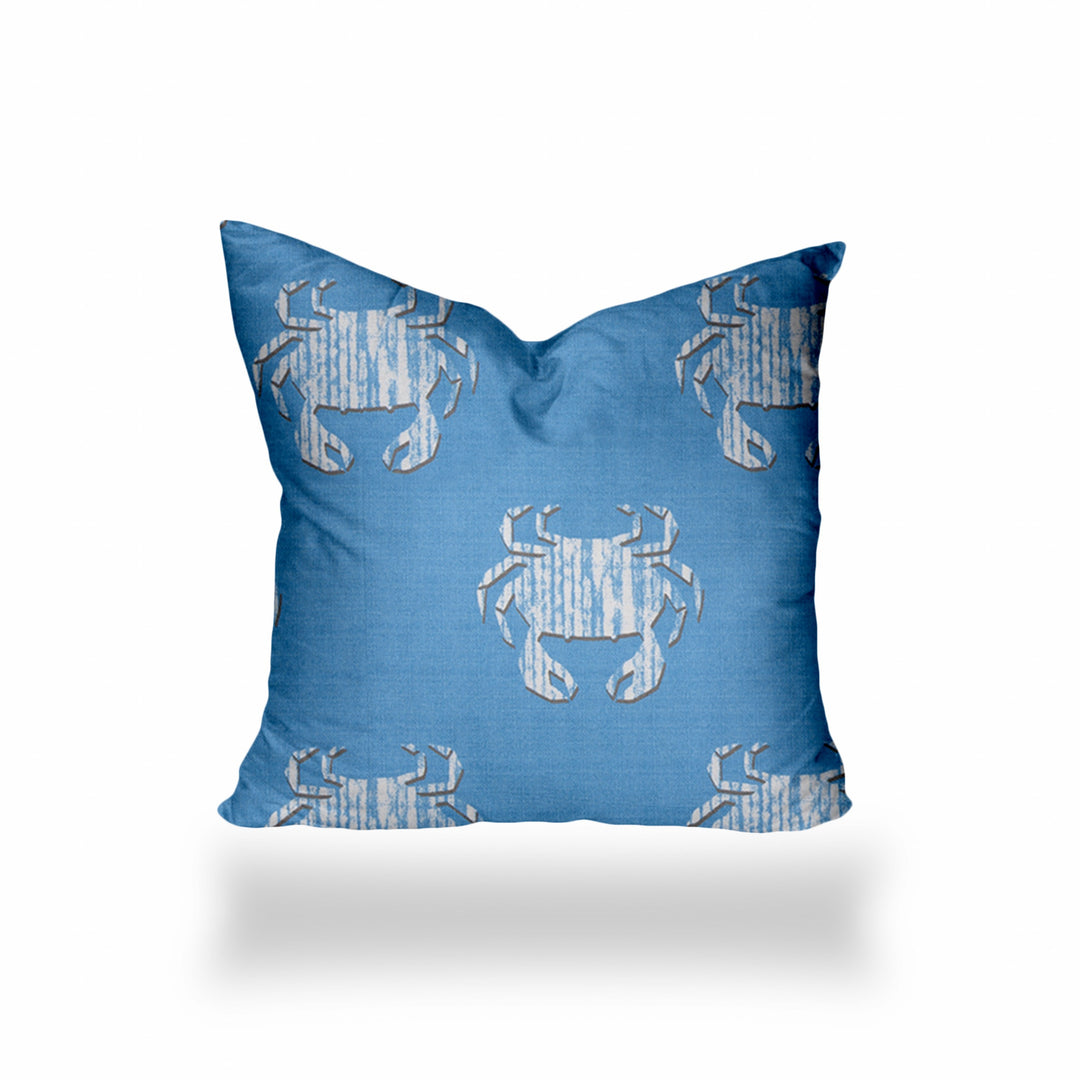 18" X 18" Blue And White Crab Enveloped Coastal Throw Indoor Outdoor Pillow Cover