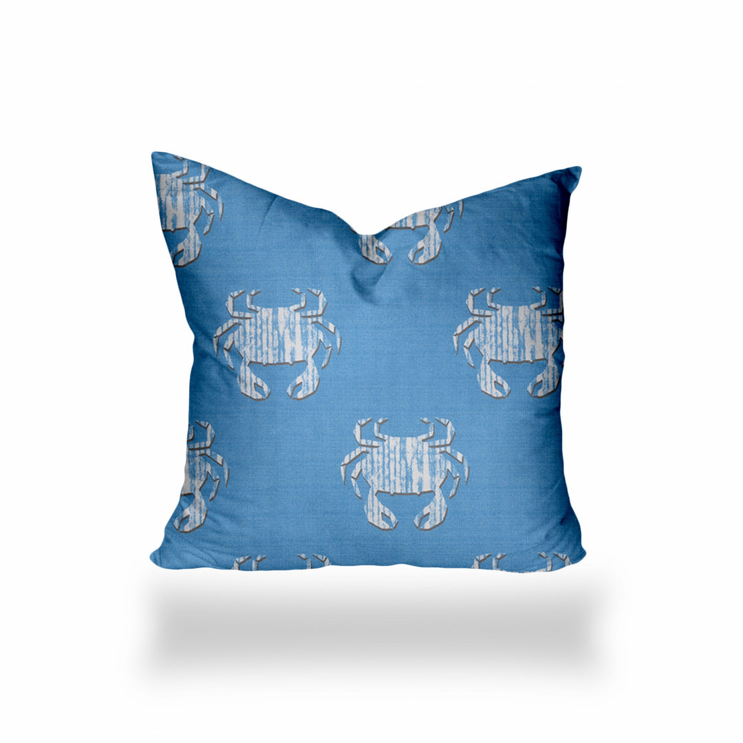 24" X 24" Blue And White Crab Enveloped Coastal Throw Indoor Outdoor Pillow