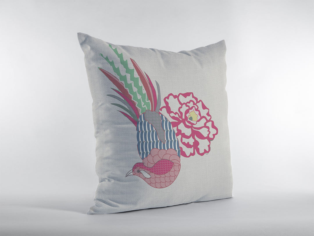 16” Pink White Peacock Zippered Suede Throw Pillow