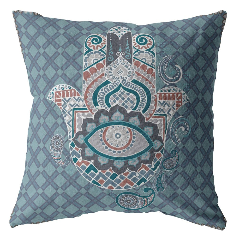 16” Slate Blue Hamsa Suede Zippered Throw Pillow