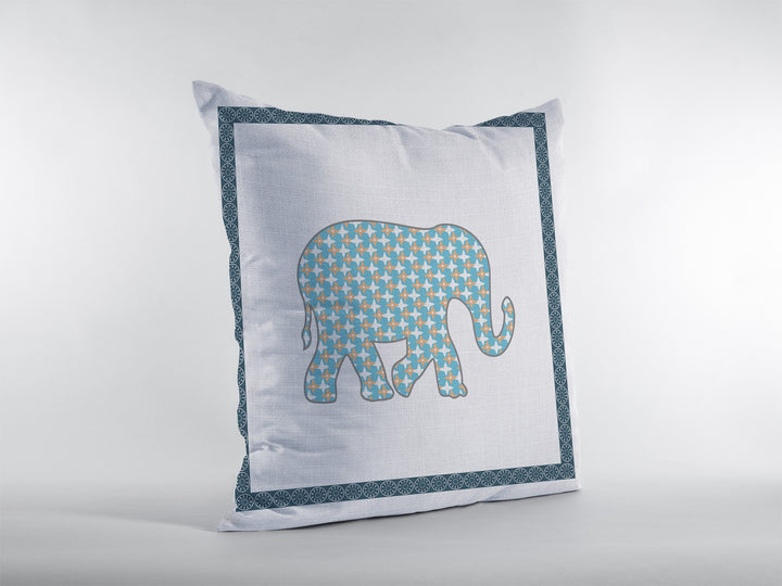 18” Blue White Elephant Zippered Suede Throw Pillow