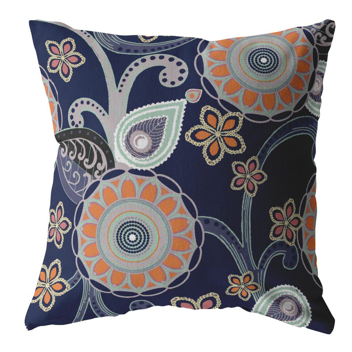 16” Indigo Orange Floral Suede Zippered Throw Pillow