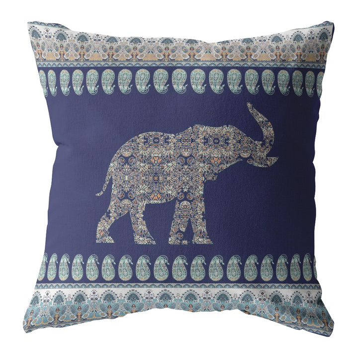 16” Navy Ornate Elephant Zippered Suede Throw Pillow