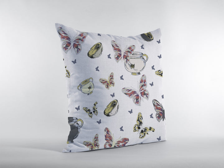 16" White Butterflies Zippered Suede Throw Pillow