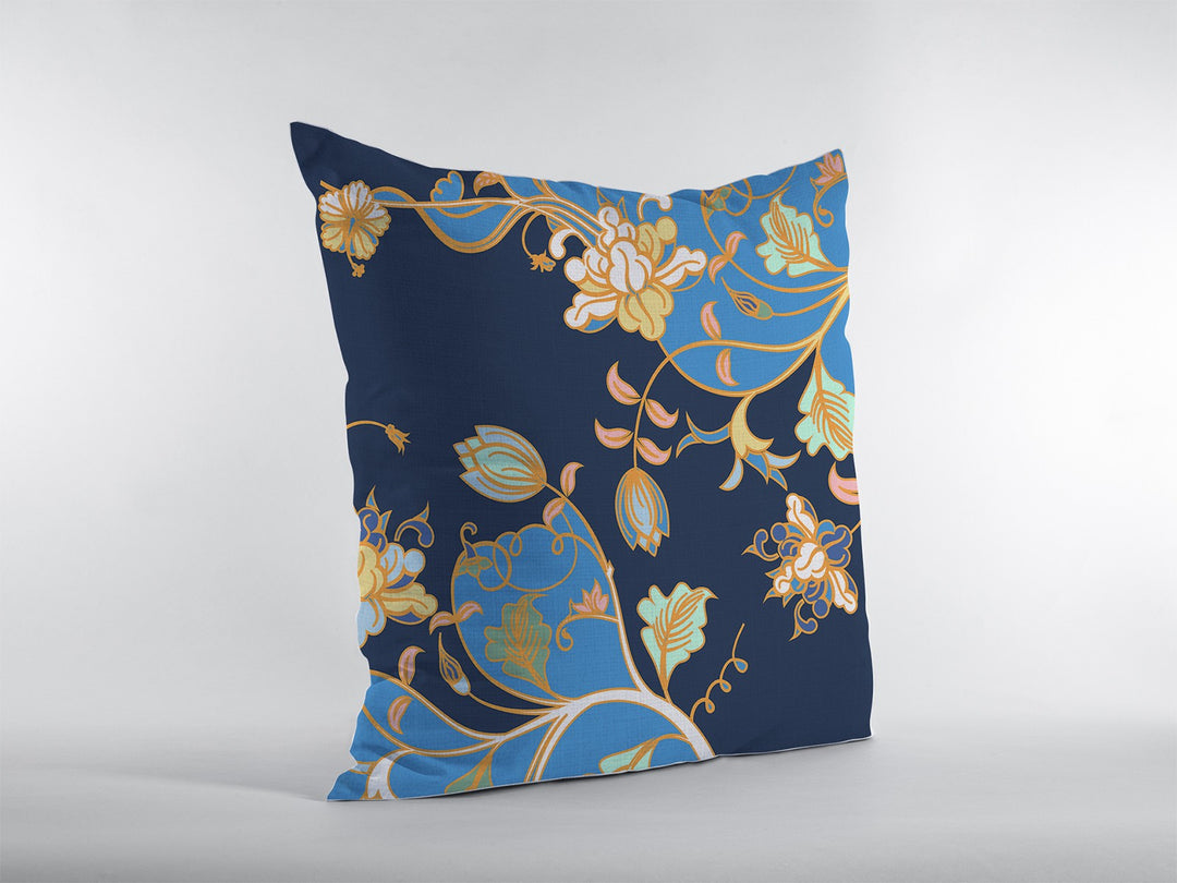 16" Navy Blue Garden Zippered Suede Throw Pillow