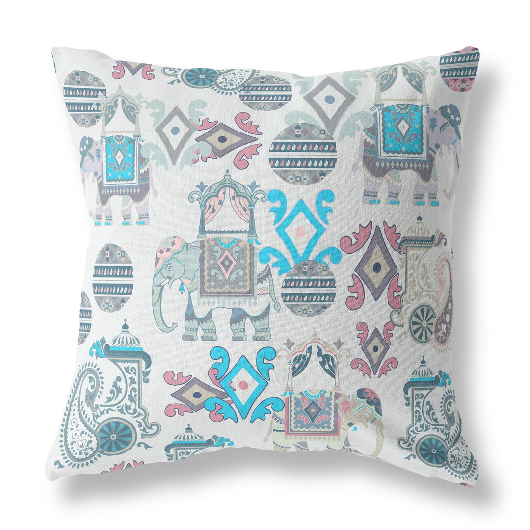 16" White Cyan Tribal Indoor Outdoor Zip Throw Pillow