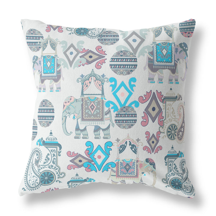 18" White Cyan Tribal Indoor Outdoor Zip Throw Pillow