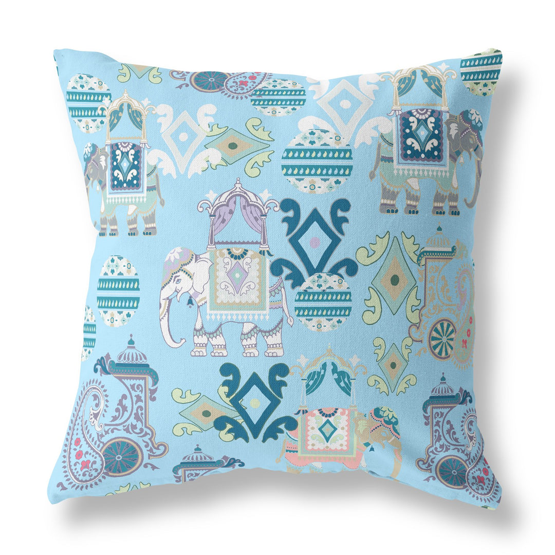 16" Sky Blue Tribal Indoor Outdoor Zip Throw Pillow