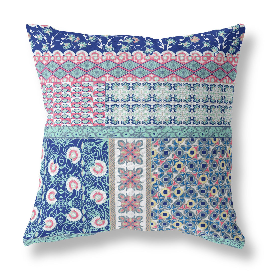 16” Blue Pink Patch Indoor Outdoor Zippered Throw Pillow